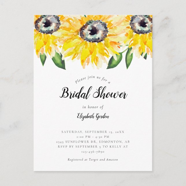 Elegant Sunflower Bridal Shower Invite Watercolor Postcard (Front)