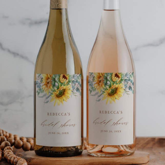 Elegant Sunflower Bridal Shower  Wine Label (Rustic sunflower eucalyptus wedding bridal shower wine labels.)