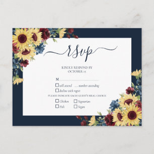 Elegant Sunflower Burgundy Navy Blue Wedding RSVP Invitation Postcard