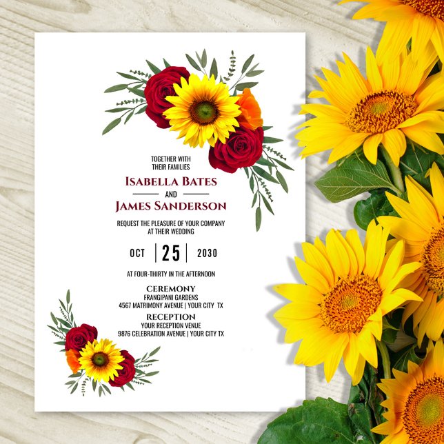 Elegant Sunflower Burgundy Rose Wedding Reception Invitation (Creator Uploaded)