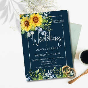 Elegant Sunflower Calligraphy Navy Blue Wedding Invitation