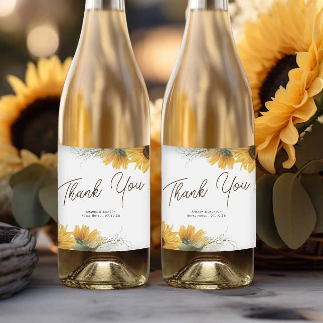 Elegant sunflower, country fall wedding favour sparkling wine label (Sunflower thank you wine labels, for rustic wedding reception.)