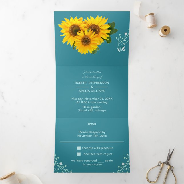 Elegant Sunflower Customised Wedding Tri-Fold Invitation (Inside)