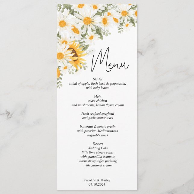 Elegant Sunflower Daisy Wedding Menu (Front)