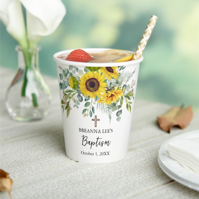 Elegant Sunflower & Eucalyptus Boho Cross Baptism Paper Cups (Insitu)