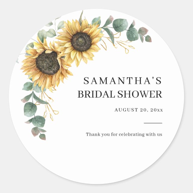 Elegant Sunflower Eucalyptus Floral Bridal Shower Classic Round Sticker (Front)