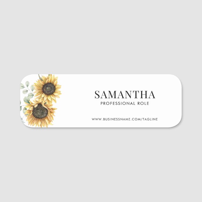 Elegant Sunflower Eucalyptus Florist Name Tag (Front)