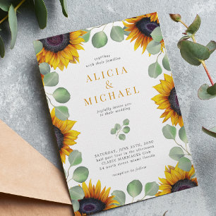 Elegant sunflower eucalyptus greenery wedding invitation