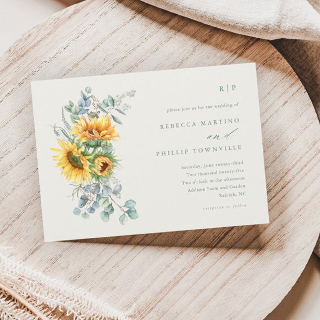 Elegant Sunflower Eucalyptus Ivory Fall Wedding Invitation (Creator Uploaded)