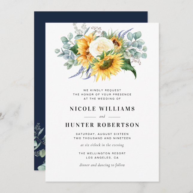 elegant sunflower eucalyptus navy blue wedding invitation (Front/Back)