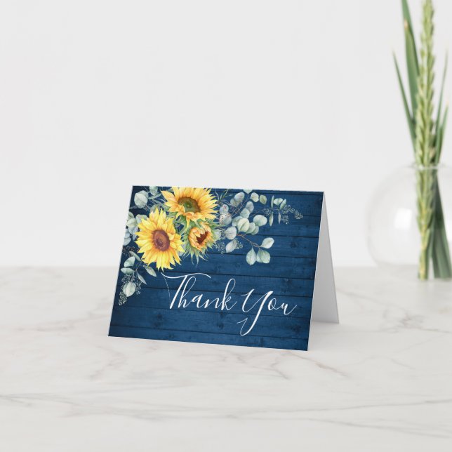Elegant Sunflower Eucalyptus Rustic Blue Wood  Tha Thank You Card (Front)