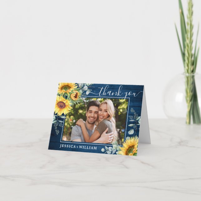 Elegant Sunflower Eucalyptus Rustic Wood PHOTO  Thank You Card (Front)