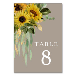 Elegant Sunflower Eucalyptus Taupe Wedding Table Number