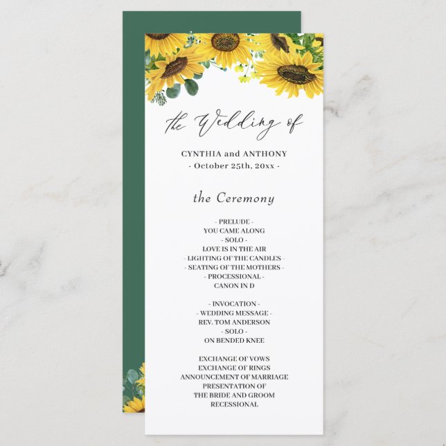 Elegant Sunflower Eucalyptus Wedding Ceremony Programme (Front/Back)