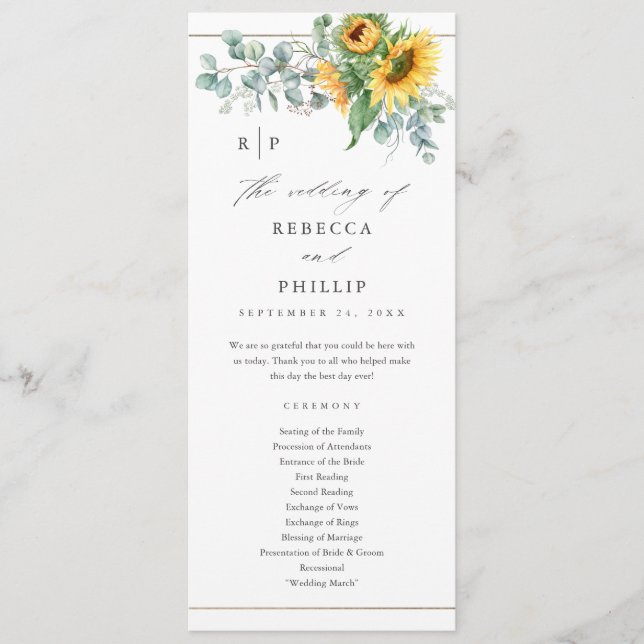 Elegant Sunflower Eucalyptus Wedding Programme (Front)