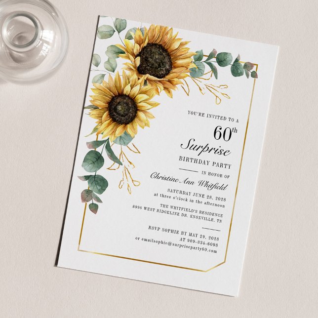 Elegant Sunflower Floral 60th Birthday Party (Sunflower Eucalyptus 60th Birthday Party Invitation)
