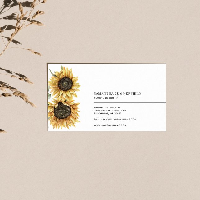 Elegant Sunflower Floral Watercolor Business Card (Floral Sunflower Bloom Modern Business Card)