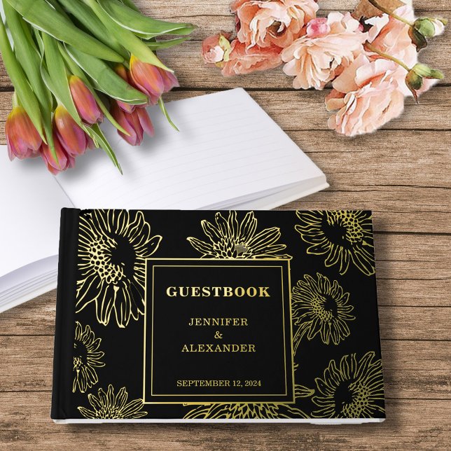 Elegant sunflower gold Foil wedding Guestbook (Elegant sunflower goid foil wedding guestbook.)
