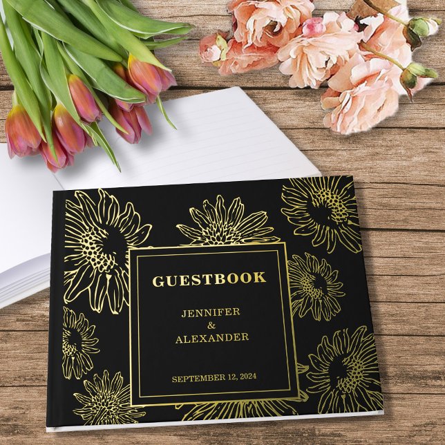 Elegant sunflower gold Foil wedding Guestbook (Elegant chic sunflower black gold foil wedding guestbook.)