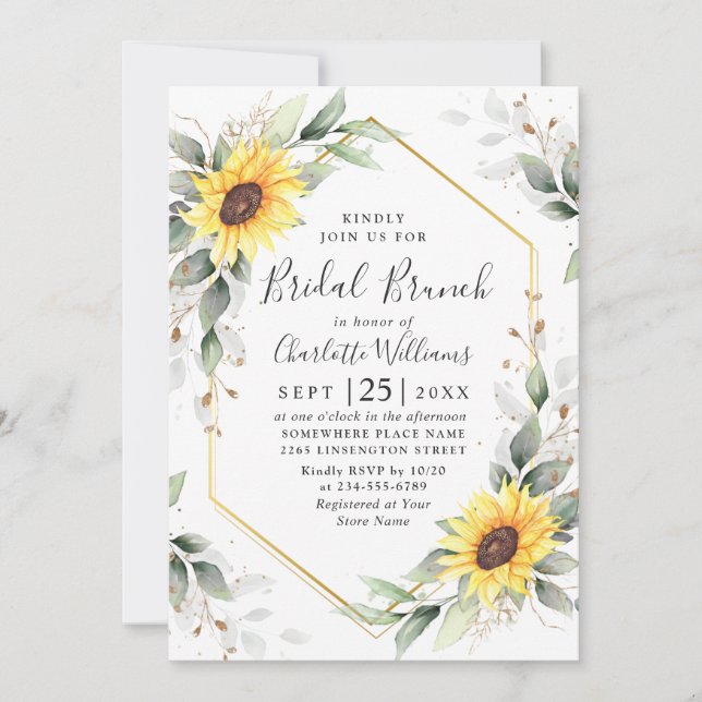 Elegant Sunflower Greenery Floral Bridal Brunch Invitation (Front)