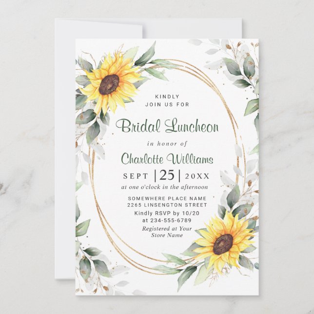 Elegant Sunflower Greenery Floral Bridal Luncheon Invitation (Front)