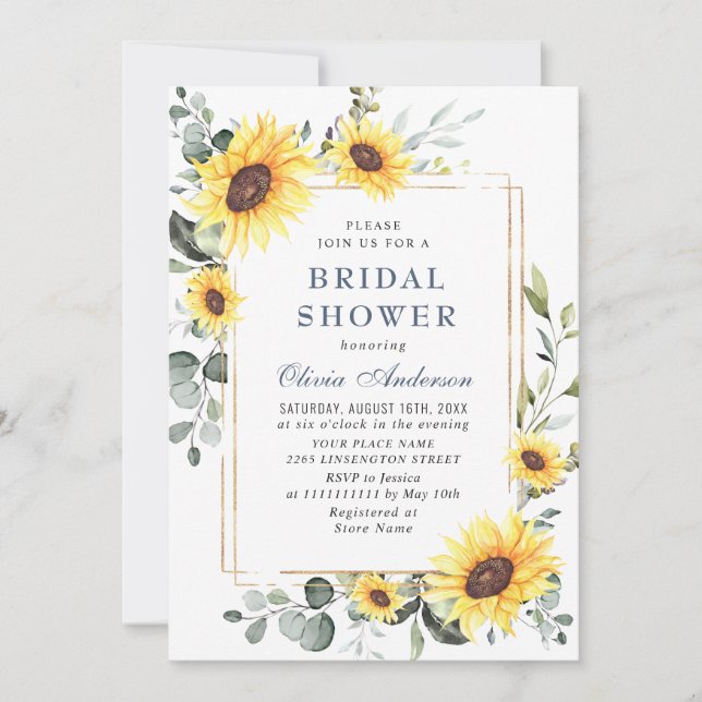 Elegant Sunflower Greenery Floral BRIDAL SHOWER Invitation (Front)