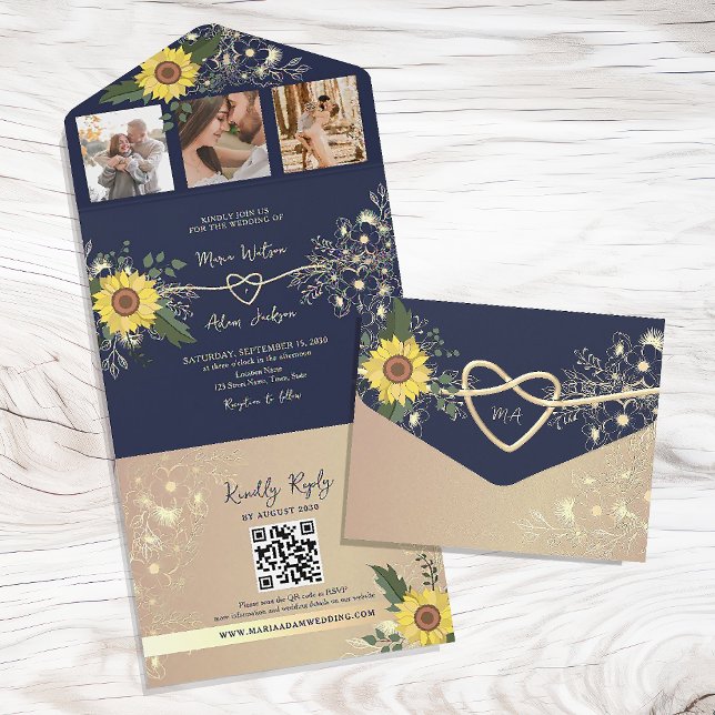 Elegant Sunflower & Navy Blue Wedding Invitation (Creator Uploaded)