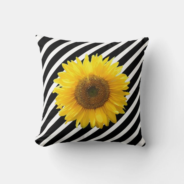 Elegant Sunflower on Black & White Striped Cushion (Front)