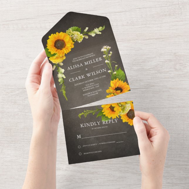 Elegant Sunflower On Rustic Chalkboard Wedding All In One Invitation (Tearaway)