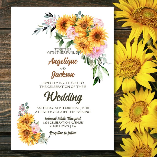 Elegant Sunflower Pink Rose Wedding Invitation (Creator Uploaded)