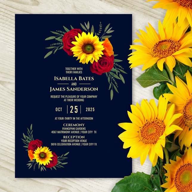 Elegant Sunflower Red Rose Navy Blue Wedding Invitation (Creator Uploaded)