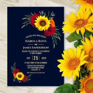 Elegant Sunflower Red Rose Navy Blue Wedding Invitation
