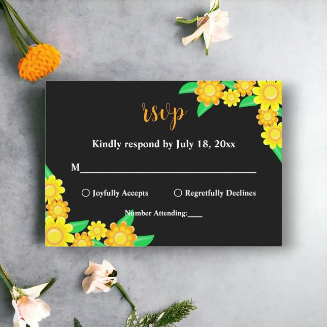 Elegant Sunflower Rustic Boho Black Floral Wedding RSVP Card (Creator Uploaded)