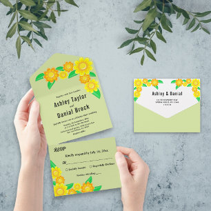Elegant Sunflower Sage Green Spring Floral Wedding All In One Invitation