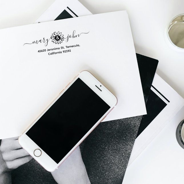 Elegant Sunflower Script Couple Return Address Rubber Stamp (Creator Uploaded)