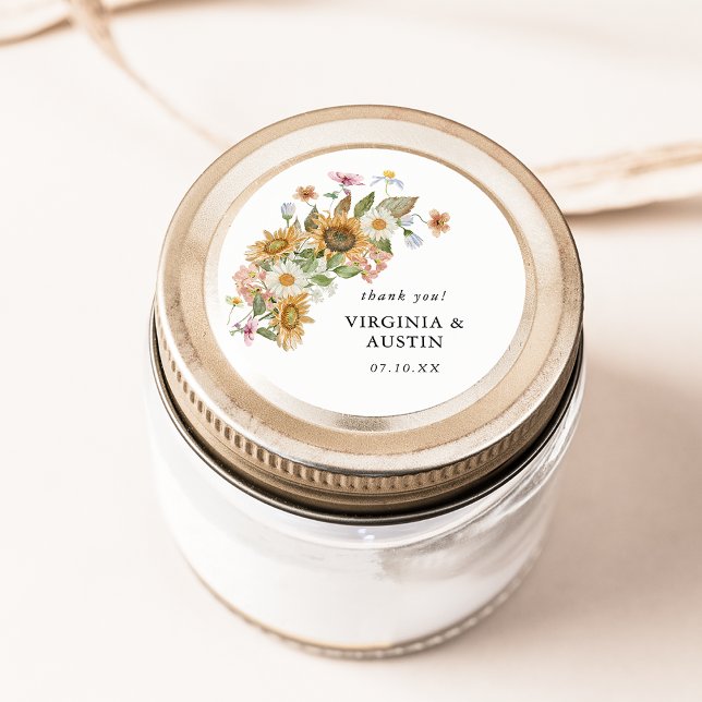 Elegant Sunflower Sticker (Elegant Sunflower Wildflower Round Thank You Sticker by Painted Paperie
)