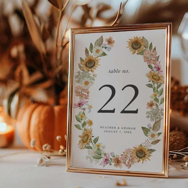 Elegant Sunflower Table Number (Elegant Watercolor Sunflower Wildflower Decor Table Number by Painted Paperie
)