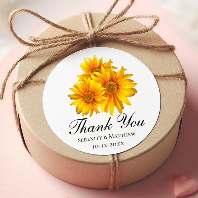 Elegant Sunflower Thank You Yellow Floral Wedding Classic Round Sticker (Creator Uploaded)