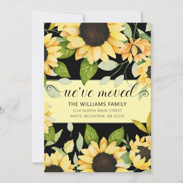 Elegant Sunflower Watercolor Floral Black Moving Announcement (Front)