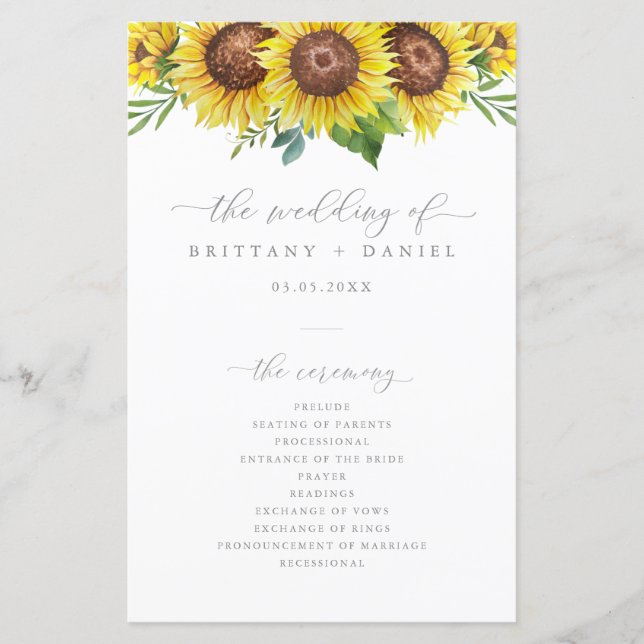 Elegant Sunflower Wedding Ceremony Program (Front)