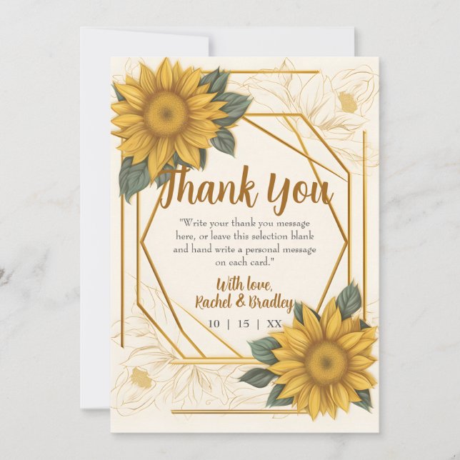 Elegant Sunflower Wedding Drawing Line Gold Frame Thank You Card (Front)