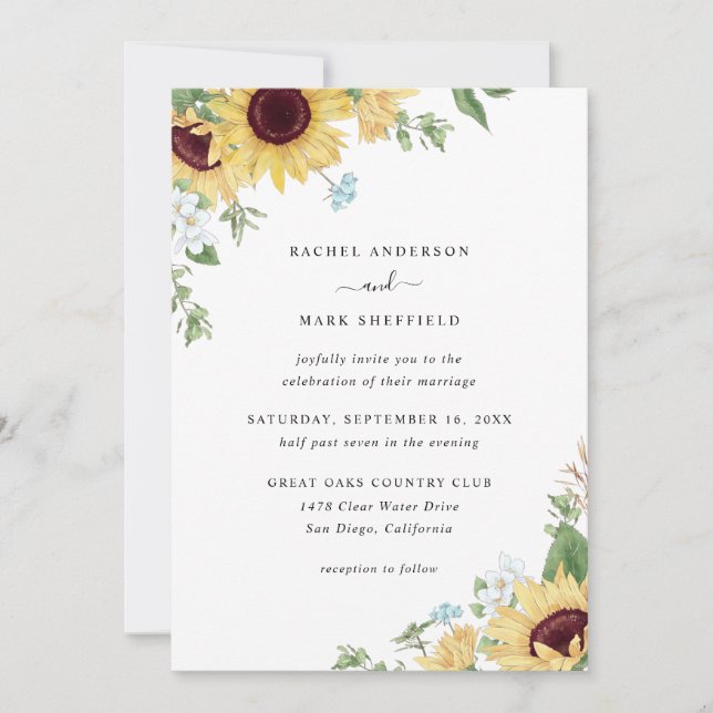 Elegant Sunflower Wildflower Greenery Wedding Invitation (Front)