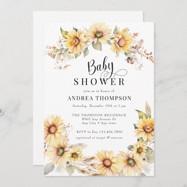 Elegant Sunflower | Yellow Baby Shower Invitation (Front/Back)