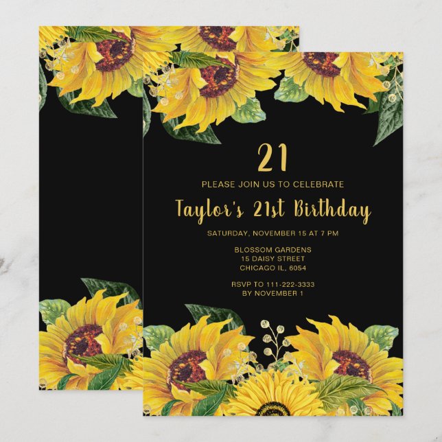 Elegant Sunflowers and Foliage Birthday Party Invitation (Front/Back)