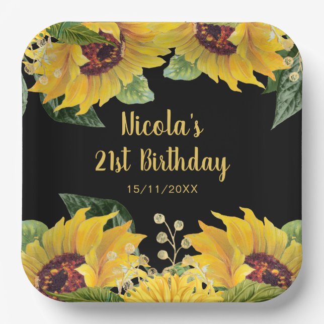 Elegant Sunflowers and Foliage Birthday Party Paper Plate (Front)