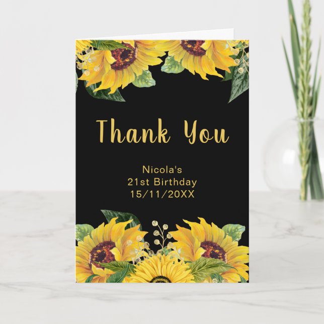 Elegant Sunflowers and Foliage Birthday Party Thank You Card (Front)