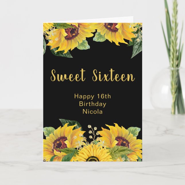 Elegant Sunflowers and Foliage Sweet Sixteen Card (Front)