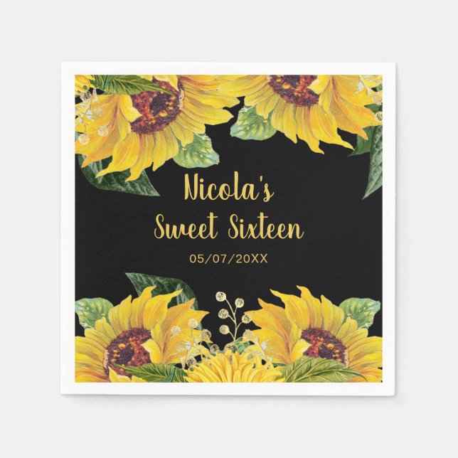 Elegant Sunflowers and Foliage Sweet Sixteen Napkin (Front)
