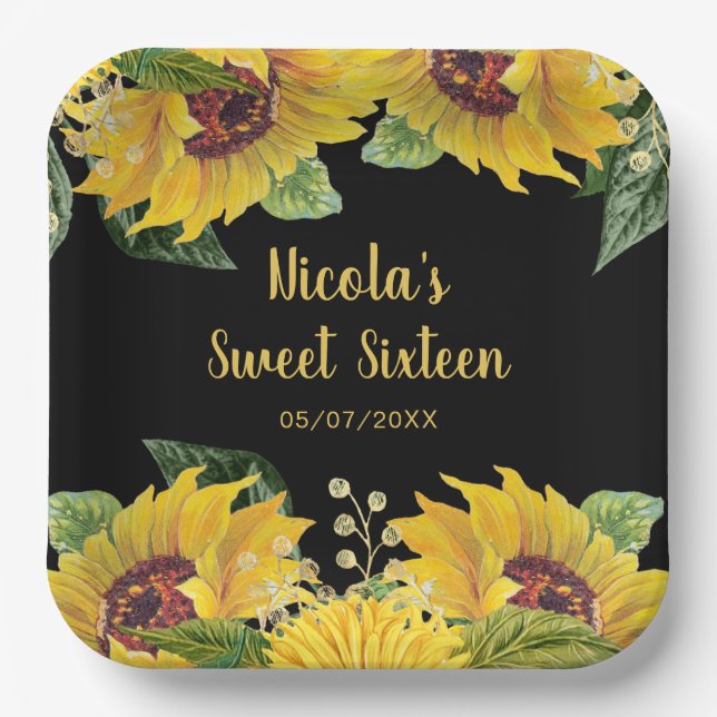 Elegant Sunflowers and Foliage Sweet Sixteen Paper Plate (Front)