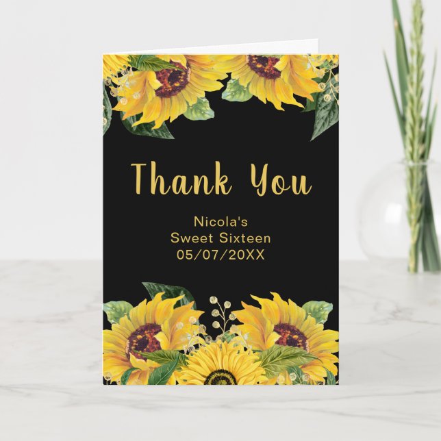 Elegant Sunflowers and Foliage Sweet Sixteen Thank You Card (Front)